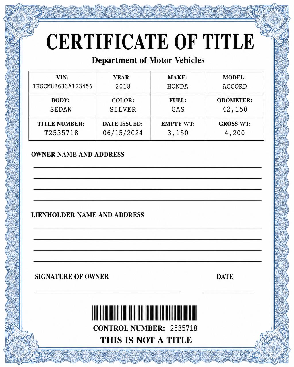 Example vehicle certificate of title document